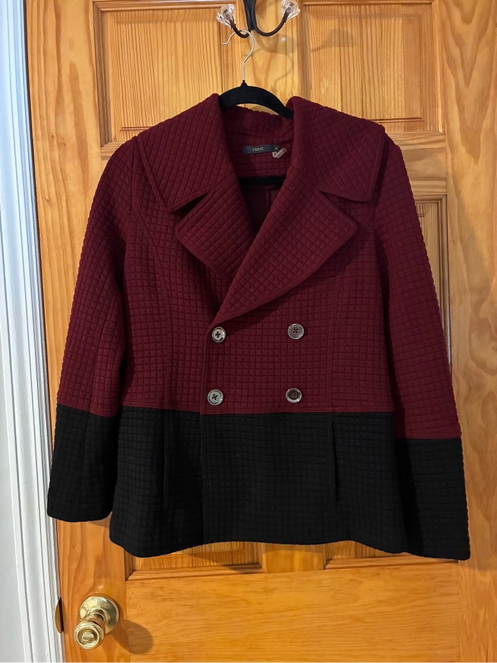 THML Two-Tone Quilted Peacoat in Burgundy and Black